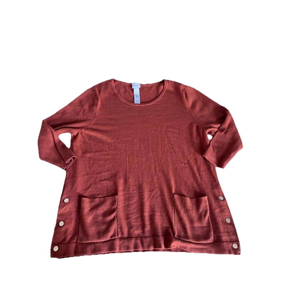 Chicos Pullover Sweater Size 3/XLFront Pockets Side Buttons Cashmere Cotton Rust